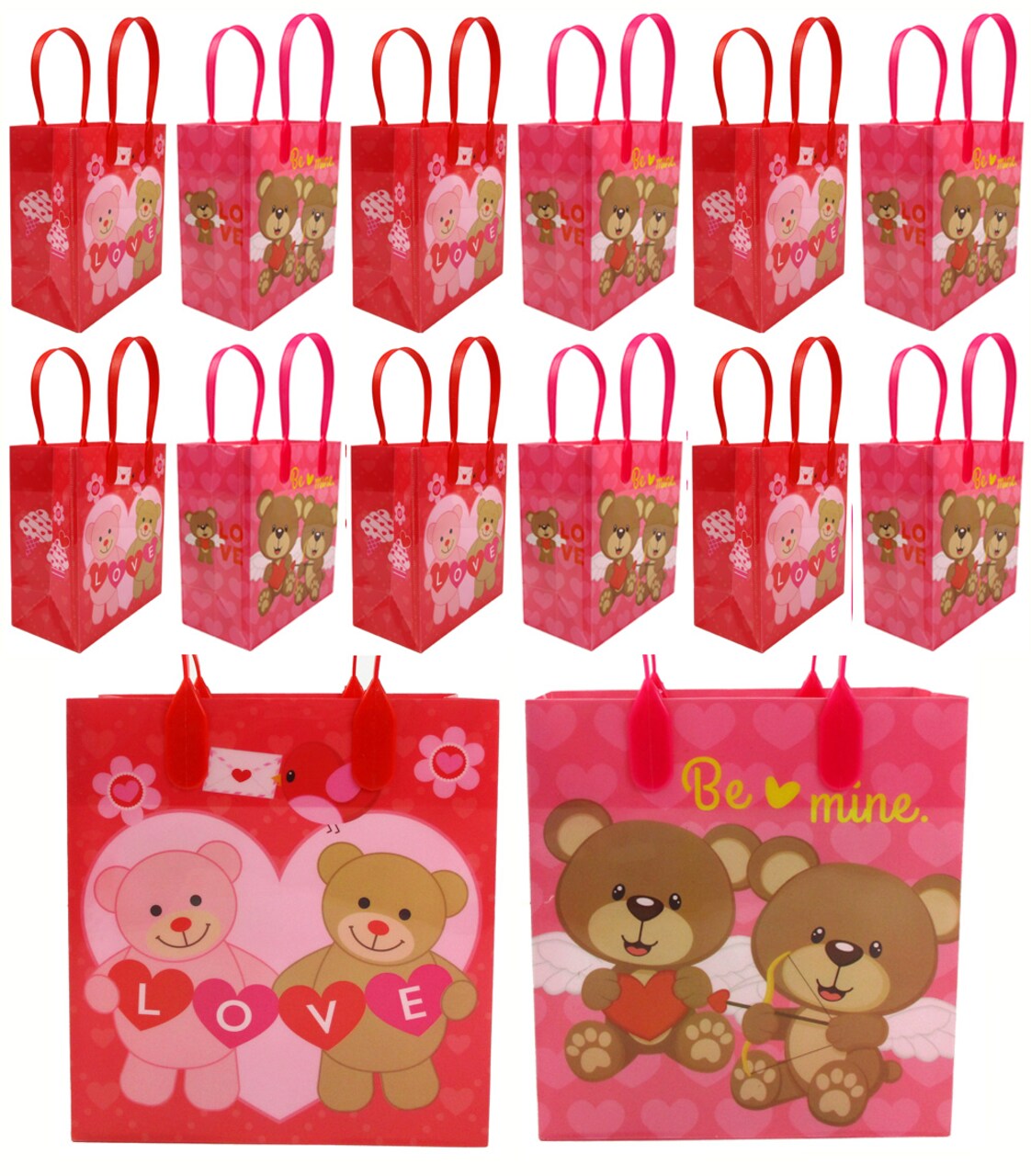 TINYMILLS Valentine’s Day Goody Bags 12 Pack – Cute Valentine Classroom Exchange Party Favor Bags for Kids, Heart & Valentine Designs, Treat Bags for Candy, Cards & Gifts
